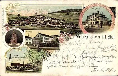 Litho Neukirchen beim Heiligen Blut, Amtsgericht, Pfarrhof, Kirche, Gnadenbild, Totalansicht