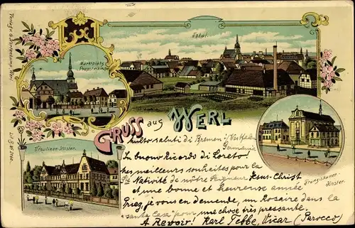 Litho Werl in Westfalen, Ursulinenkloster, Marktplatz, Franziskaner Kloster, Totalansicht