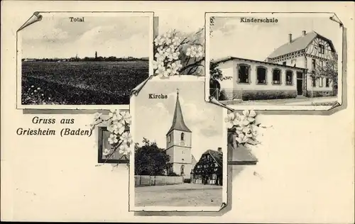 Ak Griesheim Offenburg in Baden Schwarzwald, Kirche, Kinderschule, Totalansicht