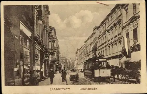 Ak Saarbrücken im Saarland, Victoriastraße, Straßenbahn 1