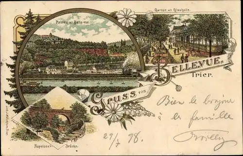 Litho Trier an der Mosel, Napoleonsbrücke, Bellevue, Glashalle