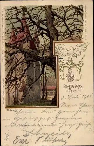 Künstler Litho Schnegg, Augsburg, Fünfgradturm, Baum, Wappen