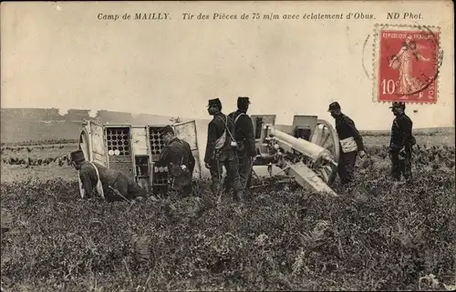 Ak Mailly le Camp Aube, Tir des Pieces de 75 m/m avec eclatement d'Obus