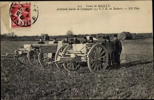 Ak Camp de Mailly Aube, Artillerie lourde de Campagne, en Batterie