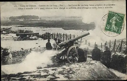 Ak Camp de Chalons Camp de Mourmelon Marne, Canons de 120 long