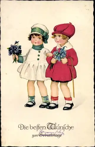 Ak Glückwunsch Geburtstag, Zwei Mädchen mit Blumen