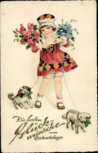 Ak Glückwunsch Geburtstag, Mädchen mit Blumen und Hunden