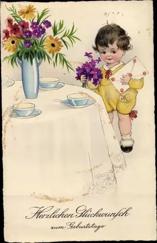 Ak Glückwunsch Geburtstag, Kind mit Brief und Blumen