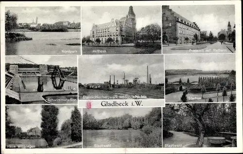 Ak Gladbeck in Westfalen, Schwimmstadion, Rathaus, Postamt, Stadtwald, Fabrik, Nordpark