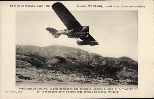 Ak Monte Carlo Monaco, Aviateur Weymann, prime dans la course croisiere, Automobiline, Meeting 1913