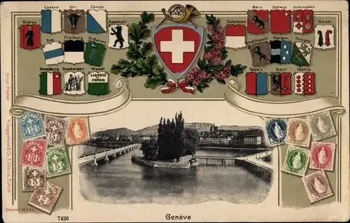 Präge Wappen Ak Genève Genf Schweiz, Stadtansicht, Briefmarken