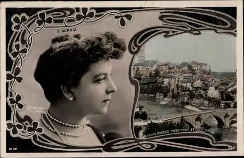 Ak Fribourg Freiburg Stadt Schweiz, Vieux Pont et Ville Basse, Portrait einer Frau, S. Derval