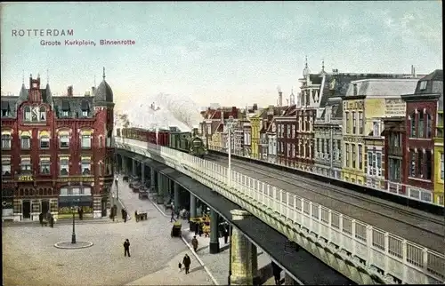 Ak Rotterdam Südholland Niederlande, Groote Kerkplein, Binnenrotte, Eisenbahn