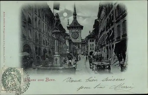 Mondschein Ak Bern Stadt Schweiz, Straßenpartie, Brunnen, Turm