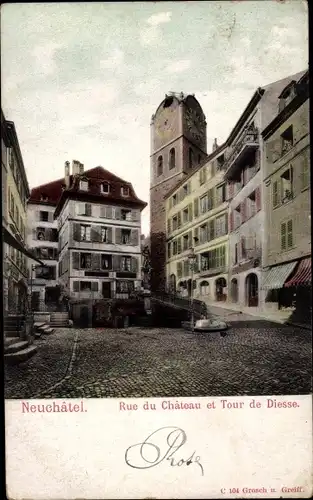 Ak Neuchâtel Neuenburg Stadt, Rue de Chateau et Tour de Diesse, Straßenansicht