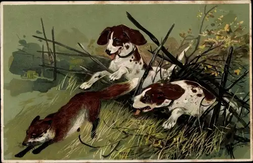 Litho Zwei Hunde verfolgen einen Fuchs, Jagdszene