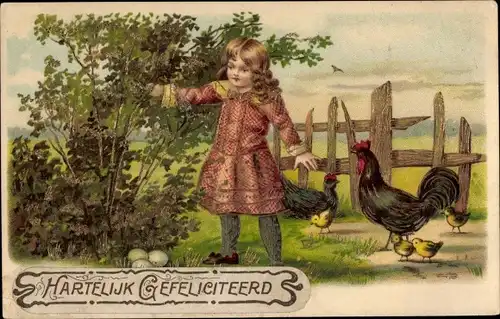 Präge Litho Glückwunsch Ostern, Mädchen bei der Eiersuche, Hahn, Küken, Huhn