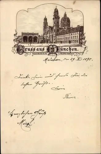 Vorläufer Litho München Bayern, Theatinerkirche, Feldherrnhalle, 1895