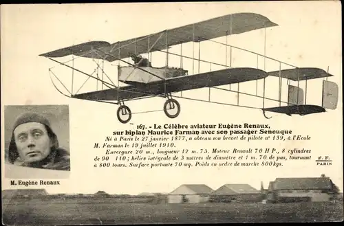 Ak Aviateur Eugene Renaux, biplan Maurice Farman avex son passager Senouque, Portrait