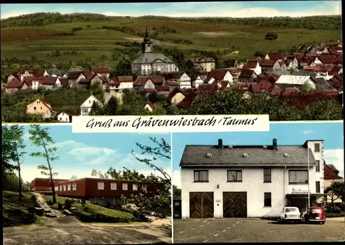 Ak Grävenwiesbach im Taunus, Gesamtansicht, Rathaus, Flachhbau