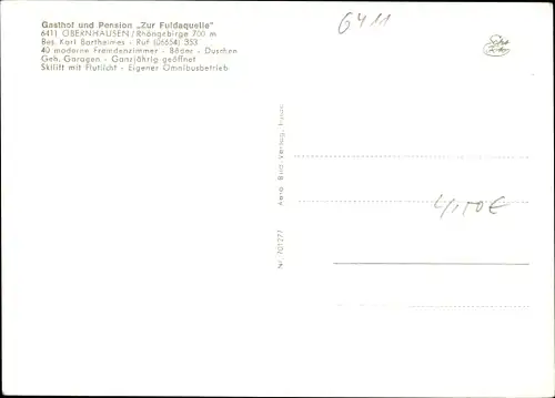 Ak Obernhausen Gersfeld in der Rhön Hessen, Gasthof und Pension Zur Fuldaquelle