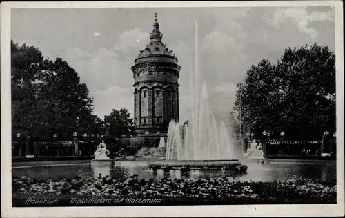 Ak Mannheim in Baden, Wasserturm, Friedrichplatz, Wasserspiele