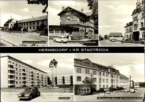 Ak Hermsdorf Thüringen, Ingenieurschule für Keramik, Bahnhof, VEB Keramische Werke, Waldsiedlung