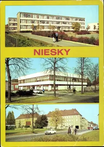 Ak Niesky in der Oberlausitz, Stadtansichten, Oberschule, Kulturhaus, Zinsendorfplatz