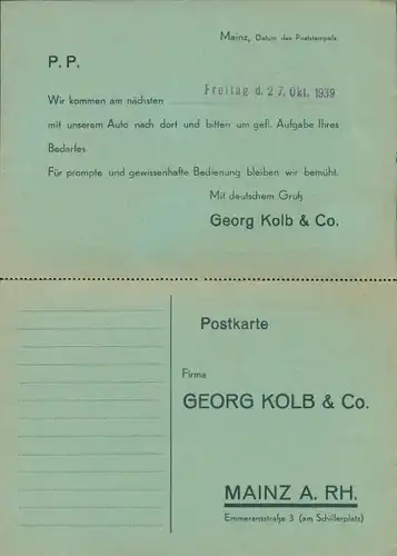 Klapp Ak Mainz am Rhein, Bestellkarte Firma Georg Kolb & Co. Sanitär, Spengler Artikel Großhandel