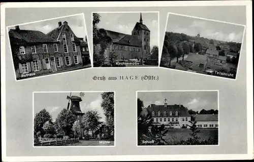 Ak Hage Ostfriesland, Rathaus, Kirche, Mühle, Schloss