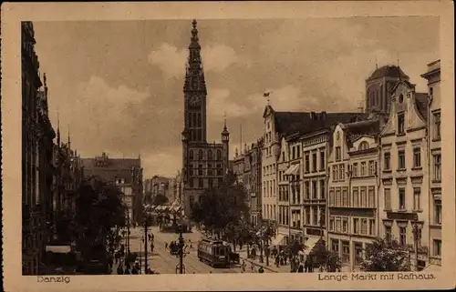 Ak Gdańsk Danzig, Langer Markt mit Rathaus