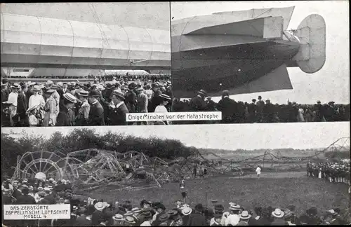 Ak Zeppelin Luftschiff Modell 4, Vor und nach der Katastrophe, Trümmer