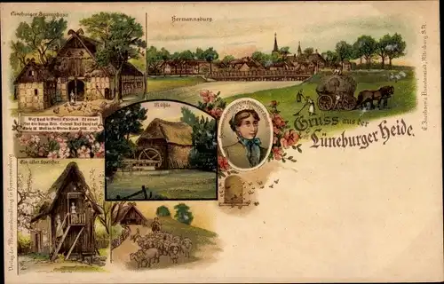 Litho Hermannsburg Südheide Niedersachsen, Lüneburger Bauernhaus, Panorama, Schafe, Alter Speicher