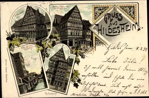 Litho Hildesheim in Niedersachsen, Altdeutsches Haus, Andreasplatz, Klein Venedig, Rolandstift