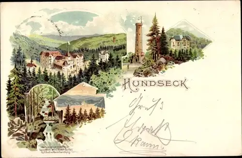 Litho Hundseck Bühl in Baden, Panorama, Turm, Gebirgsbach