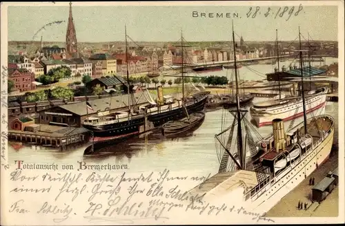 Litho Bremerhaven, Stadtpanorama, Hafenpartie, Dampfer
