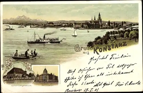 Litho Konstanz am Bodensee, Konziliumsgebäude, Reichspost, Stadtpanorama