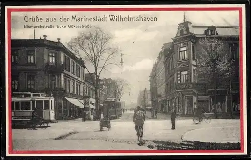 Ak Wilhelmshaven, Marinestadt, Bismarckstraße Ecke Gökerstraße, Straßenbahnen, Geschäft