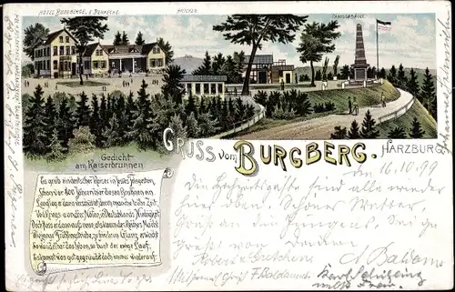 Litho Bad Harzburg Niedersachsen, Hotel Burgberge, Brocken, Canossa Säule, Gedicht am Kaiserbrunnen