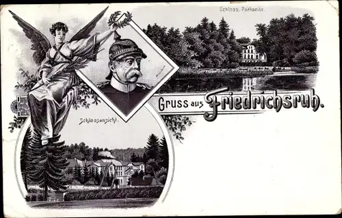 Litho Friedrichsruh Aumühle in Lauenburg, Schloss, Otto von Bismarck, Portrait, Engel