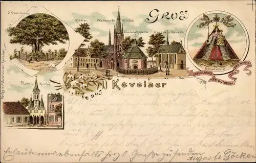 Litho Kevelaer am Niederrhein, Gnadenbild, Pfarrkirche, Wallfahrtskirche, Kreuzbaum