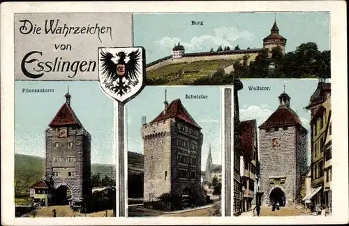 Ak Esslingen am Neckar, Burg, Pliensauturm, Schelztor, Wolfstor, Wappen