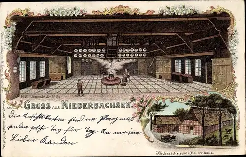 Litho Niedersächsisches Bauernhaus, Flett, Oberende der Diele, Innenansicht
