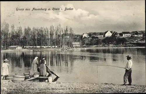 Ak Neuenburg am Rhein Baden, Wäscherinnen am Rheinufer, Angler