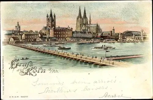 Litho Köln am Rhein, Panorama, Rhein, Dom, Altstadt, Salondampfer
