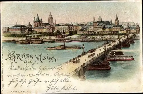 Litho Mainz am Rhein, Panorama, Brücke, Rheinpartie