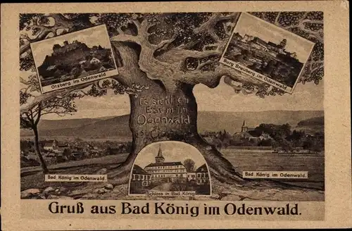 Ak Bad König im Odenwald Hessen, Schloss, Otzberg, Burg Breuberg, Panorama, Es steht ein Baum...