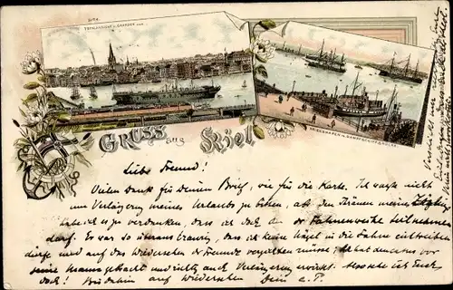 Litho Kiel, Gesamtansicht von Gaarden aus, Kriegshafen, Dampfschiffbrücke