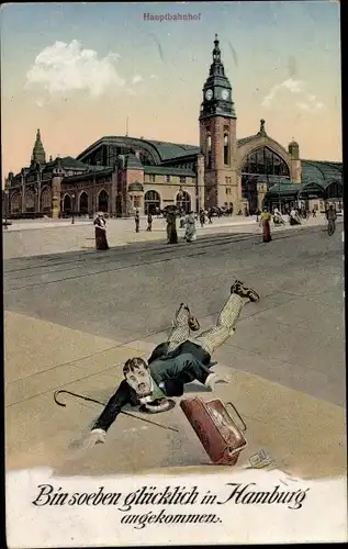 Ak Hamburg Mitte Sankt Georg, Hauptbahnhof, Glücklich angekommen, gestürzter Reisender