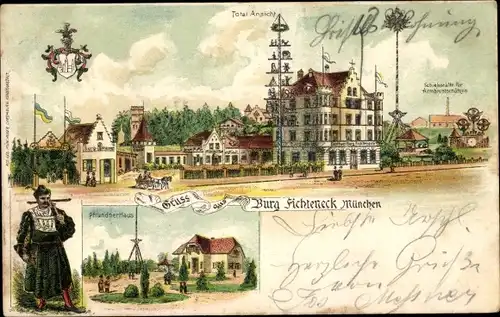 Litho München, Burg Fichteneck, Pfründnerhaus, Schießhalle der Armbrustschützen